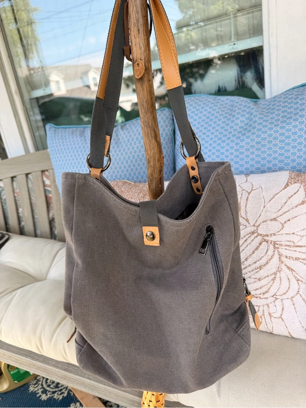Gray Canvas Shoulder Bag with Tan faux Leather Trim - men and women Bags